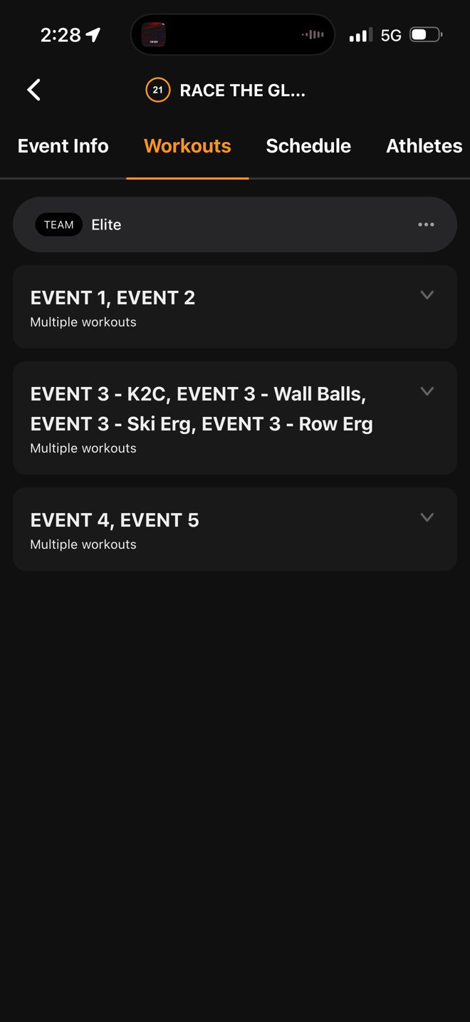 The Workouts tab, events listed